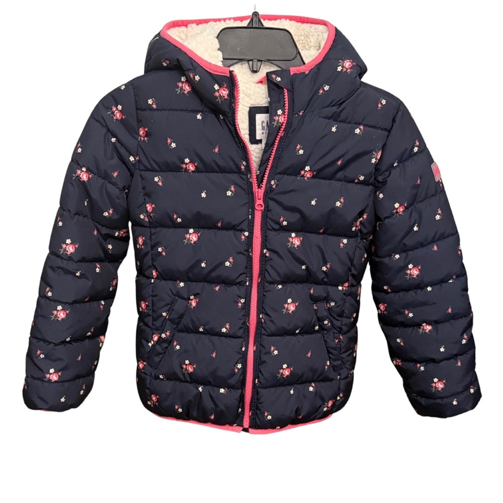 GAP Kids Floral Puffer Jacket Sherpa Lined Navy Pink Girls Medium Coat